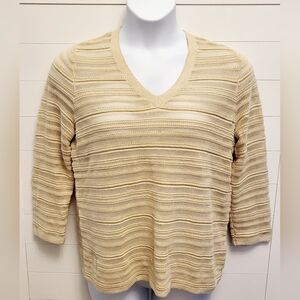 Brooks Brothers Womens Sheer Knit Top Sz Large Gold Metallic Long Sleeve Sweater